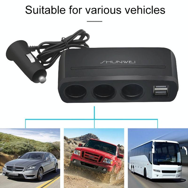 SHUNWEI SD-1939 120W 3A Car Independent Switch 3 in 1 Dual USB Charger Cigarette Lighter (Grey)