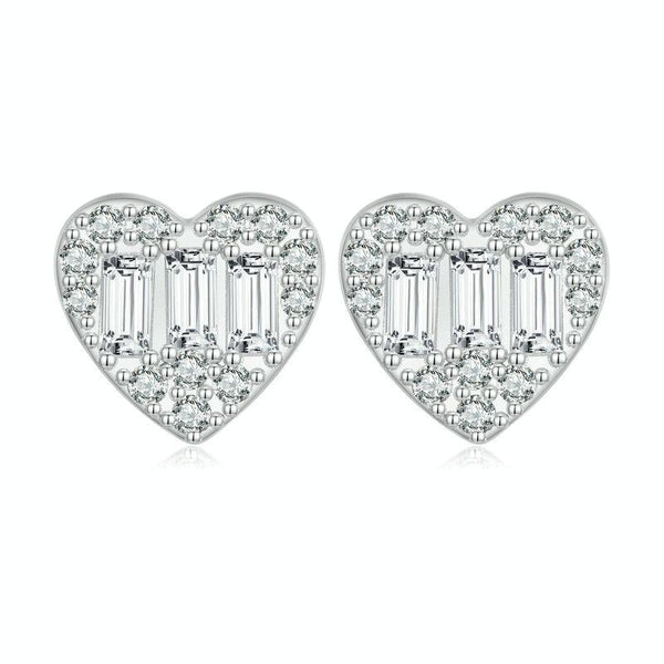 BSE766 Sterling Silver S925 Plated Platinum Sparkling Zirconia Heart Stud Earrings