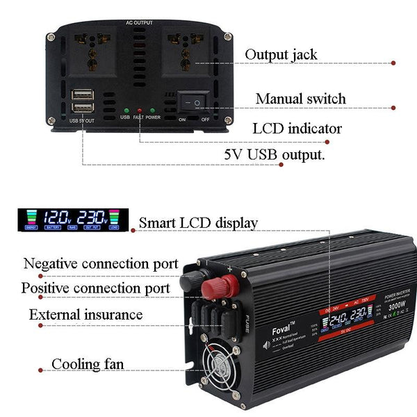 2000W LCD Smart Home Car Inverter 12V To 220V Power Converter
