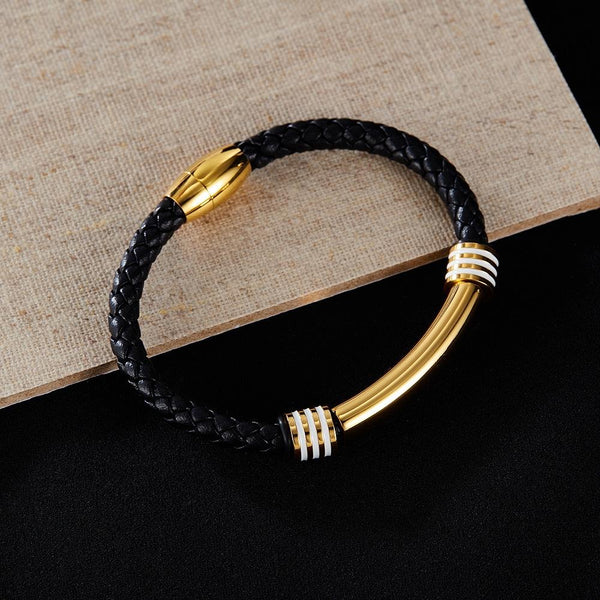 OPK PH1586 Simple Men Leather Bracelet Stainless Steel Magnetic Insert Buckle Bracelet, Color: Gold