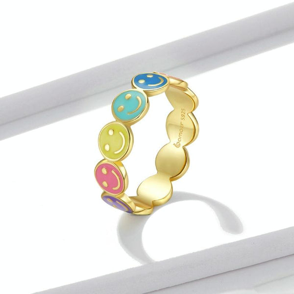 BSR220 Sterling Silver S925 Colorful Smiley Face Drip Oil Ring(No.7)