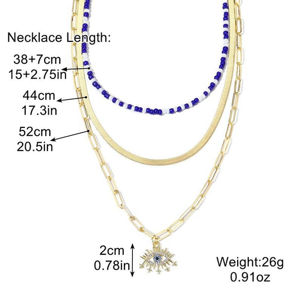 Angel Eyes Pendant Layered Necklace, Model: N2210-6 Rice Bead Snake Chain 3 Layer