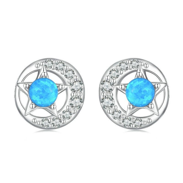 BSE746 Sterling Silver S925 White Gold Plated Zirconia Opal Star and Moon Earrings