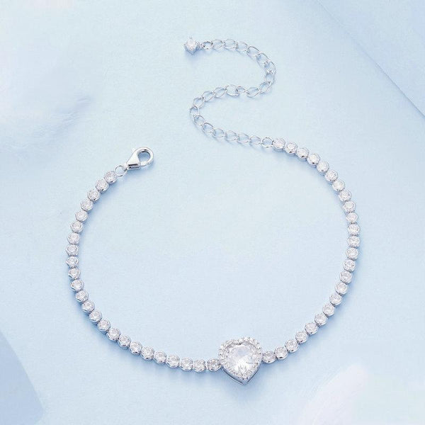 BSB098 S925 Sterling Silver Sparkling White Gold Plated Heart Zirconia Bracelet