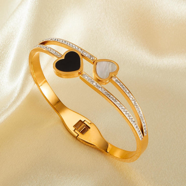 OPK GH1105 Stainless Steel Double Heart Black and White Shell Temperament Bracelet