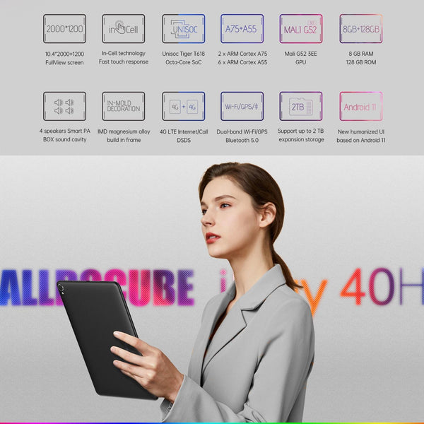 ALLDOCUBE iPlay 40H T1020H 4G Call Tablet, 10.4 inch, 8GB+128GB, Android 10 UNISOC Tiger T618 Octa Core 2.0GHz, Support GPS & Bluetooth & Dual Band WiFi & Dual SIM(Black)
