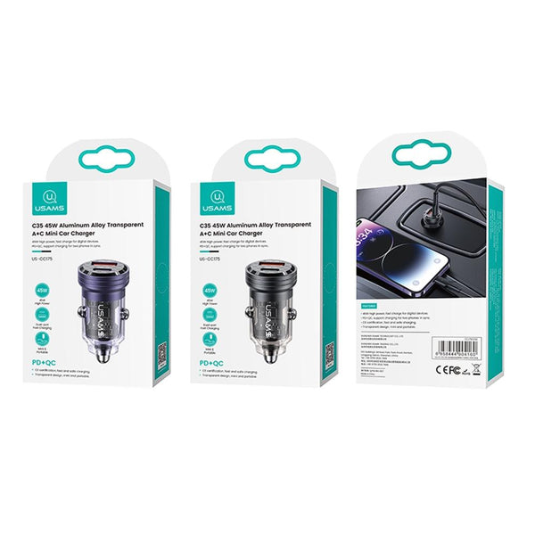 USAMS US-CC175 C35 45W Aluminum Alloy Transparent Dual USB Port Mini Car Charger (Purple)