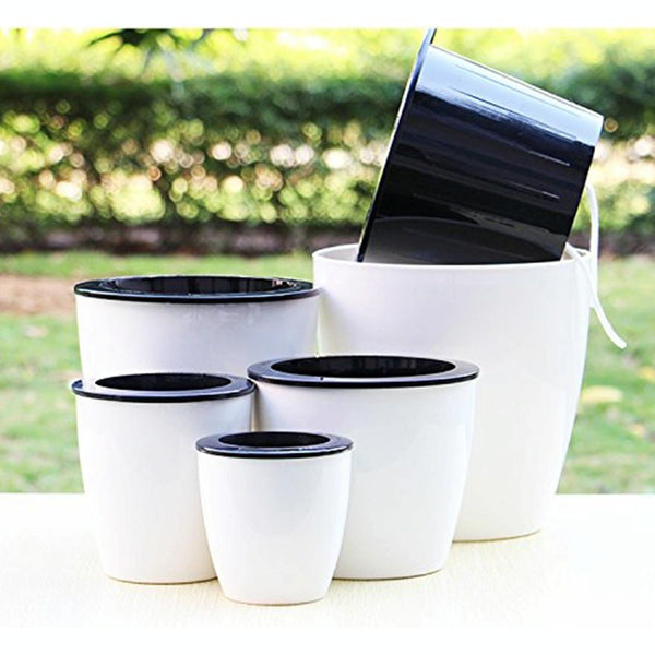 Lazy Flower Pots Automatic Water-absorbing Hydroponic Potted Plants Circular Resin Plastic Flower Pots Double-layer Design Self Watering Planter, Diameter: 11cm, Height: 10.3cm(White)
