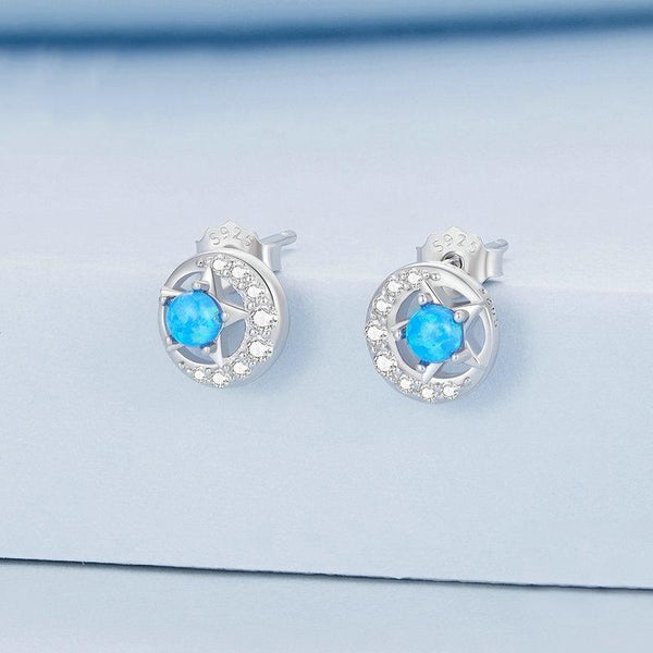 BSE746 Sterling Silver S925 White Gold Plated Zirconia Opal Star and Moon Earrings