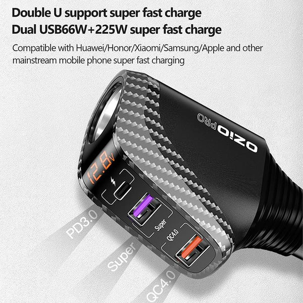 Ozio DY68TC 278W PD3.0 100W + Dual USB 66W+22.5W Carbon Fiber Pattern Car Charger