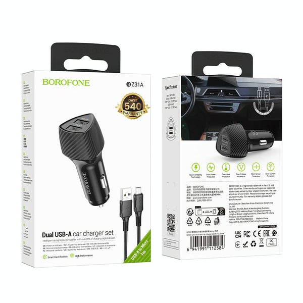 BOROFONE BZ31A Solid Dual-port USB Car Charger Set with USB to Micro USB Cable(Black)