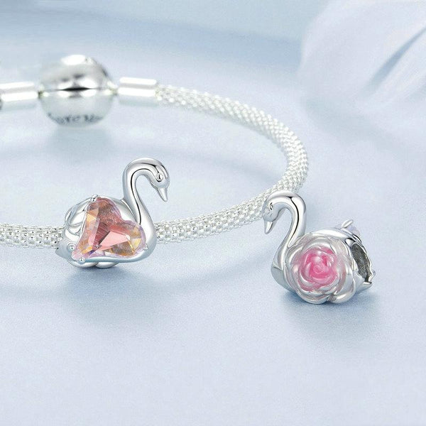 S925 Sterling Silver Platinum-plated Pink Swan Rose DIY Beads(BSC980)