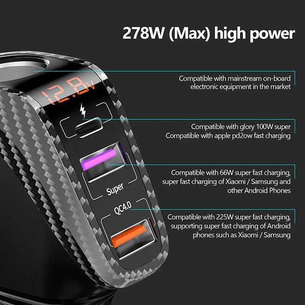 Ozio DY68TC 278W PD3.0 100W + Dual USB 66W+22.5W Carbon Fiber Pattern Car Charger