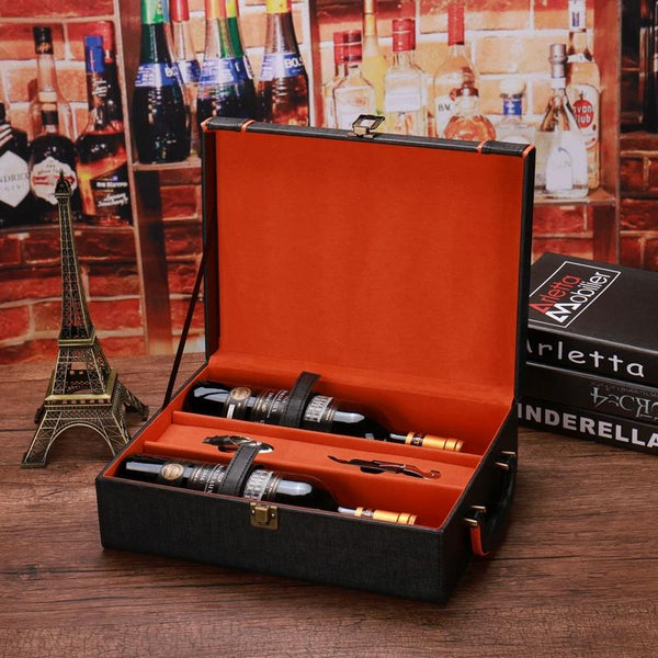 Rhinestone Double Bottle Wine Box Leather Wine Packaging Gift Box With Wine Tools, Style: Wider Orange Edge