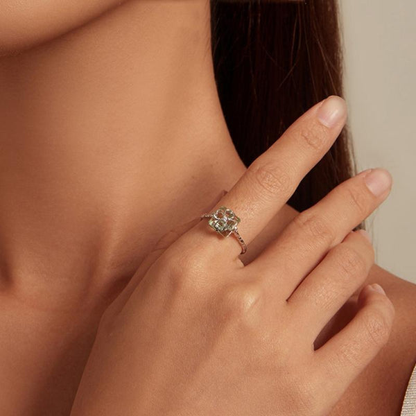 BSR339 Sterling Silver S925 Verdant Four Leaf Clover Ring White Gold Plated(No.6)