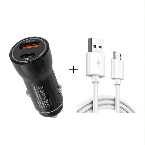 P21 Portable PD 20W + QC3.0 18W Dual Ports Fast Car Charger with USB to Micro USB Cable Kit(Black)
