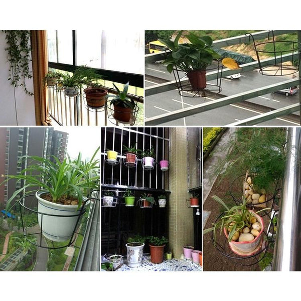 Balcony Fence Round Metal Flower Stand Wrought Iron Wall-mounted Flower Pot Stand, Size:M(Black)