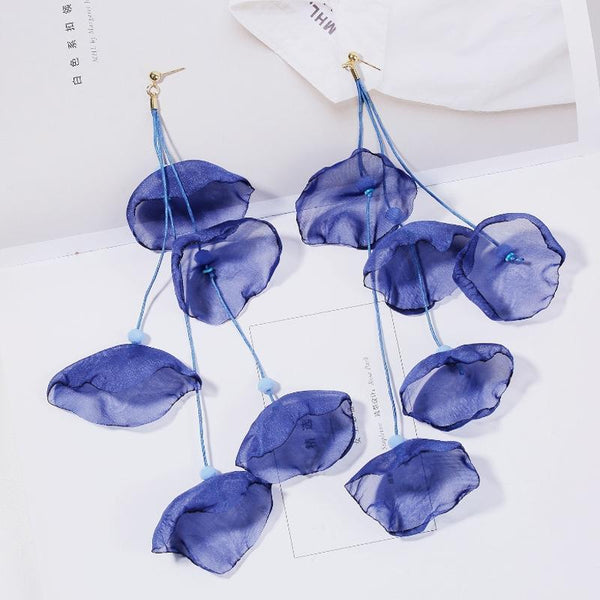 Long Exaggerated Fabric Art Handmade Petal Earrings, Color: E1908-27 Blue