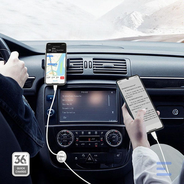 LDNIO C511Q 36W QC 3.0 Phone Fast Charger Dual-USB Ports Smart Car Charger with 8 Pin Cable