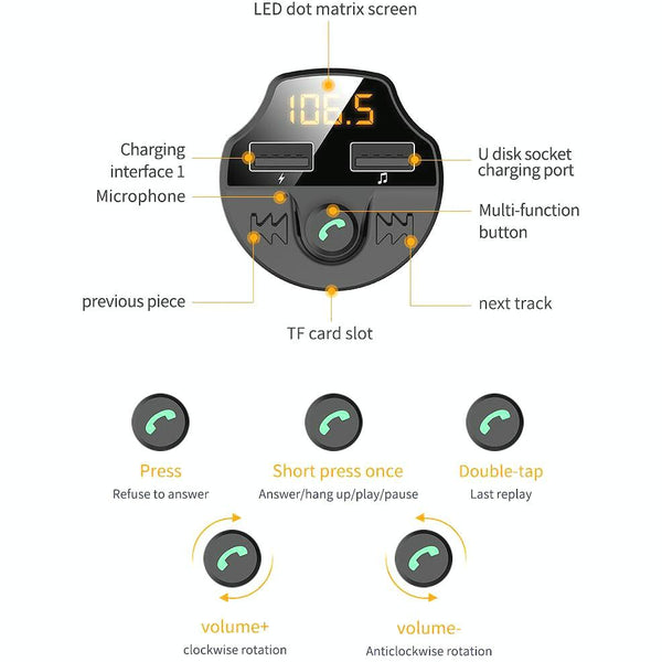 T66 Car Bluetooth Car Charger Cigarette Lighter MP3 Player Hands-Free Car FM Transmitter