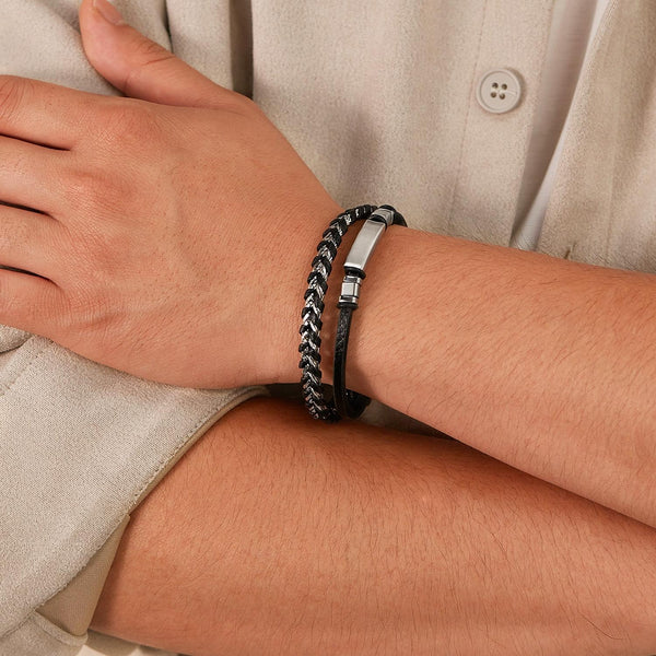 OPK PH1587 Stainless Steel Glossy Double Braided Leather Magnetic Insert Buckle Bracelet