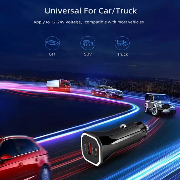 PD + QC3.0 Car 2 in 1 Square Fast Charger Car Cigarette Lighter (Black)
