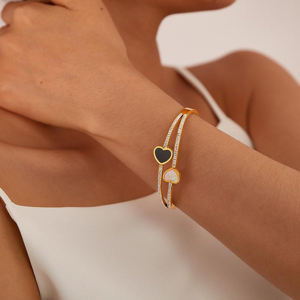 OPK GH1105 Stainless Steel Double Heart Black and White Shell Temperament Bracelet