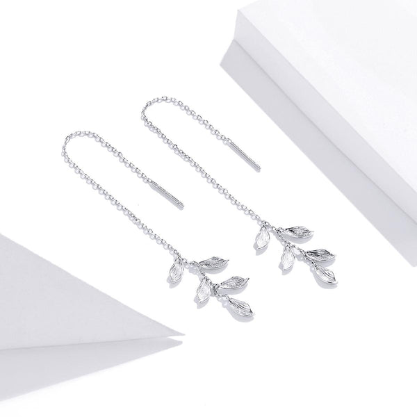 S925 Sterling Silver Simple Style Long Leaves Women Earrings
