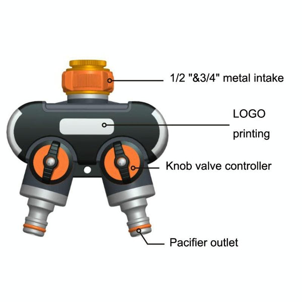 Garden Irrigation And Watering One Pass Two Faucet Water Divider With Copper Adapter