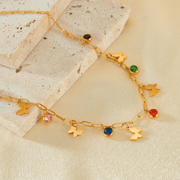 OPK GX2406 Colorful Dopamine Zirconia Stainless Steel Stereo Butterfly Pendant Necklace