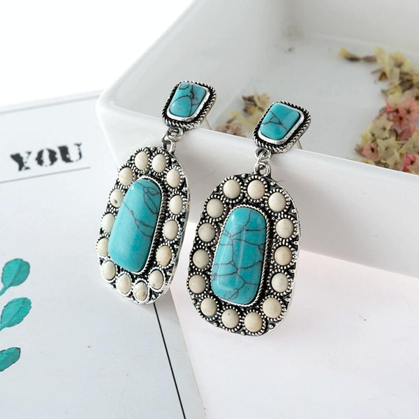 925 Antique Silver Plated Turquoise Earrings(Silver)