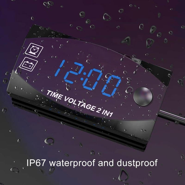 Motorcycle Multi-functional 2 in 1 Digital Display Voltmeter + Electronic Clock, 6-30V IP67 (Blue Light)