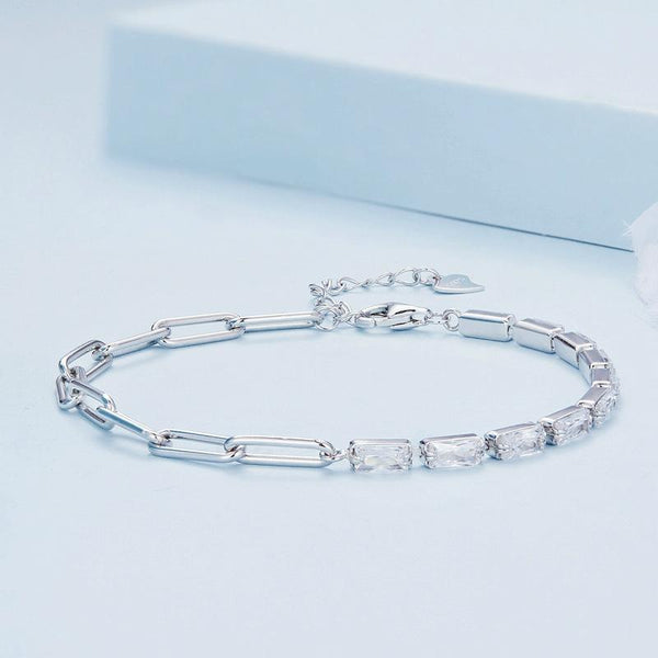 BSB101 Sterling Silver S925 Simple Round Ring White Gold Plated Zircon Bracelet