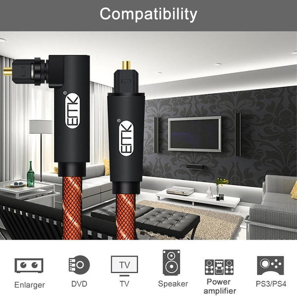 EMK 90 Degree Swivel Adjustable Right Angled 360 Degrees Rotatable Plug Nylon Woven Mesh Optical Audio Cable, Cable Length:5m(Orange)