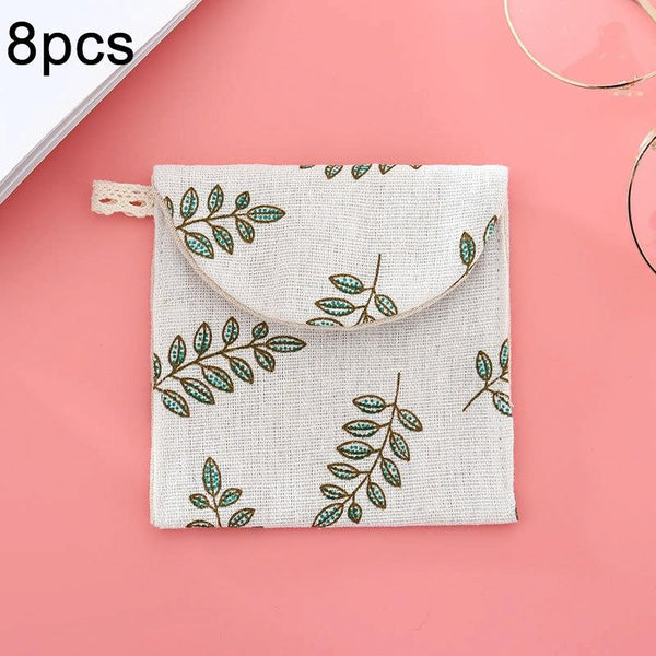 8pcs Cotton and Linen Sanitary Napkin Storage Bag Handy Clutch Bag(Leaves)
