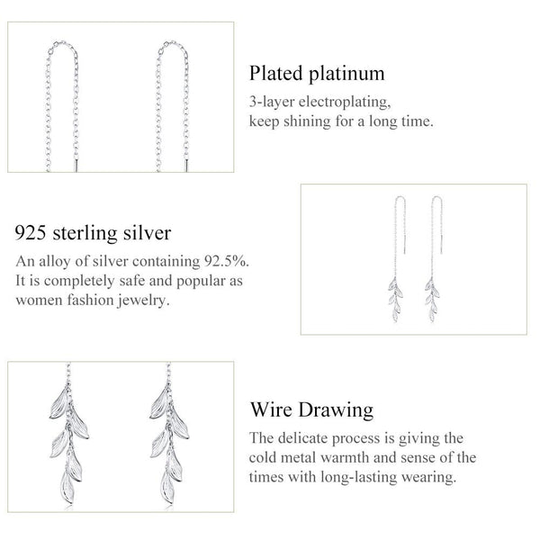 S925 Sterling Silver Simple Style Long Leaves Women Earrings