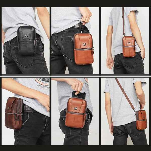 KUNQITIAN Mobile Phone Waist Bag Belt Leather Case With Shoulder Strap, Size: L(Black)