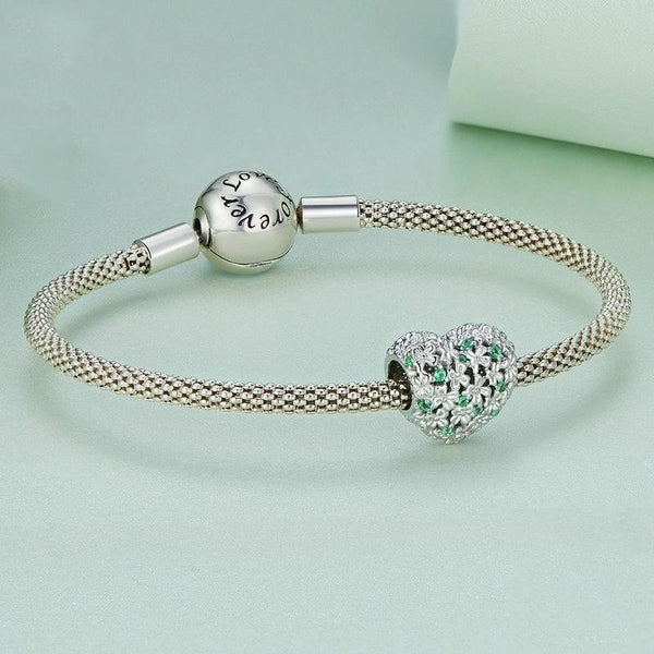 BSC760 S925 Sterling Silver Lucky Heart Green Zircon Clover Beads