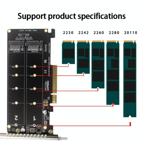 PCI-E X8 Double Disk Transfer Card NVME M.2 MKEY SSD RAID Array Expansion Adapter(PH45)