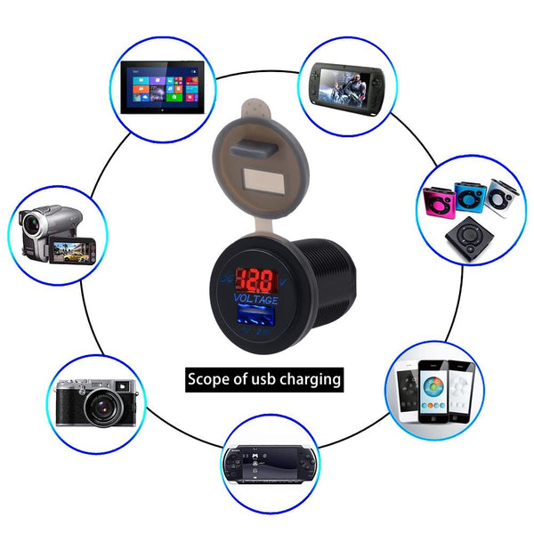 Universal Car Single Port USB Charger Power Outlet Adapter 2.1A 5V IP66 with LED Digital Voltmeter + 60cm Cable(Red Light)