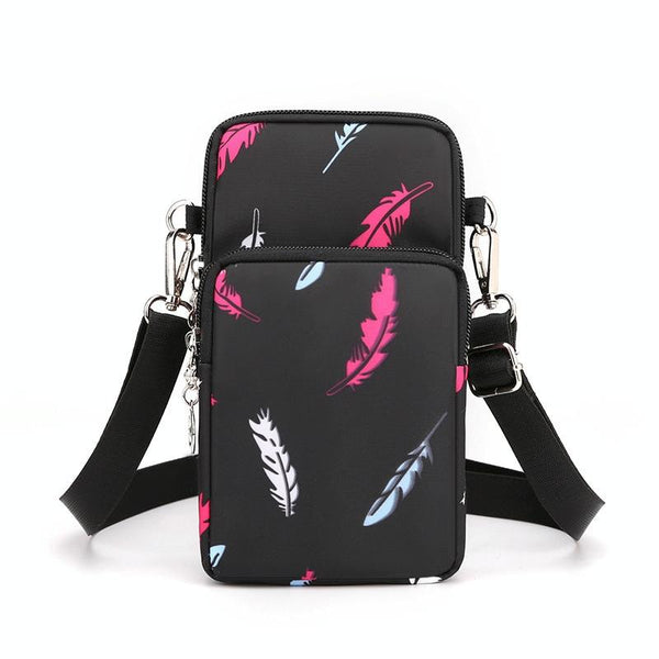 Crossbody Mobile Phone Bag Vertical Wallet Arm Bag With Headphone Hole(Black Feather)