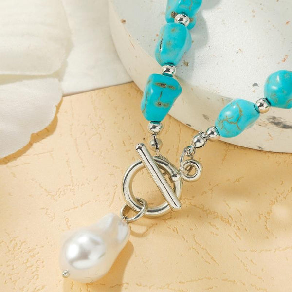Bohemian Turquoise Natural Stone Sweater Vintage Pendant, Model: N2203-17 Pearl Model