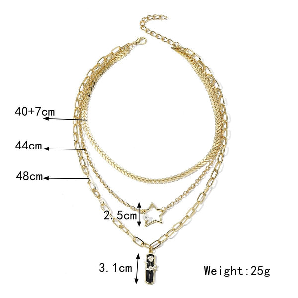 N2209-10 Five-star Three-layer Ladies Metal Temperament Necklace Clavicle Chain