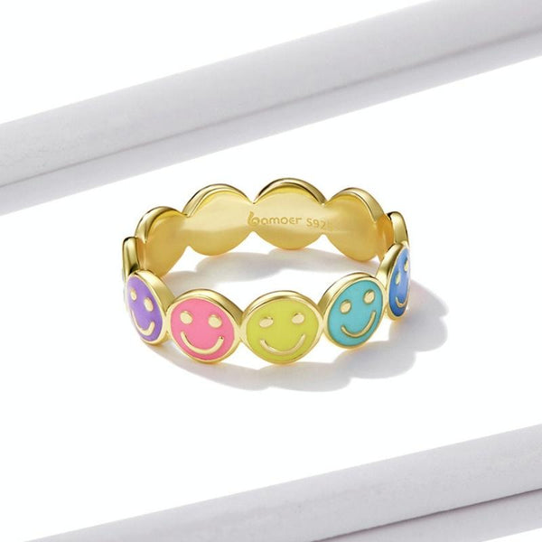 BSR220 Sterling Silver S925 Colorful Smiley Face Drip Oil Ring(No.5)