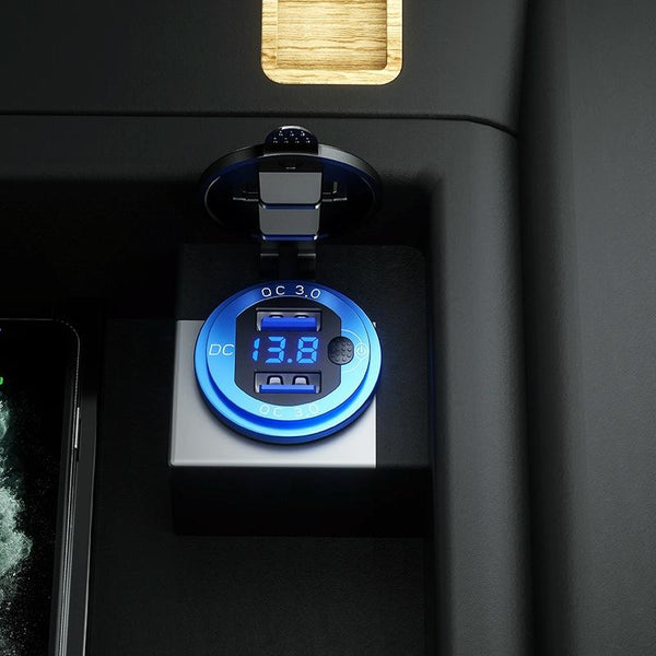 Aluminum Alloy Double QC3.0 Fast Charge With Button Switch Car USB Charger Waterproof Car Charger Specification: Black Shell Blue Light With 60cm Line