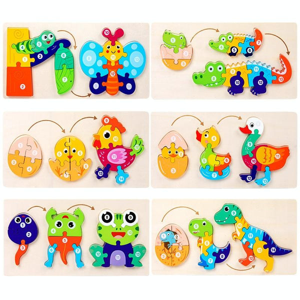 Wooden Animal Growth Process Evolution 3D Jigsaw Puzzle Toy Early Education Building Blocks(Crocodile)