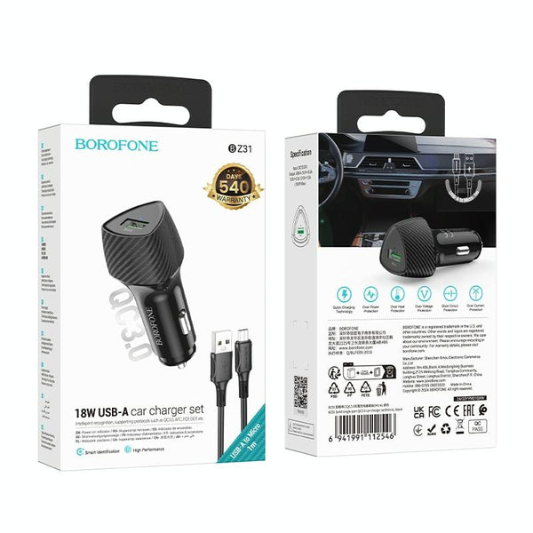 BOROFONE BZ31 Solid Single QC3.0 Car Charger Set with USB to Micro USB Cable(Black)