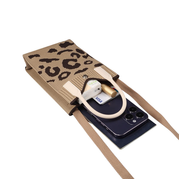 Leopard Print Knitted Mini Crossbody Phone Bag For 6.9 inch and Below Phones(Brown)