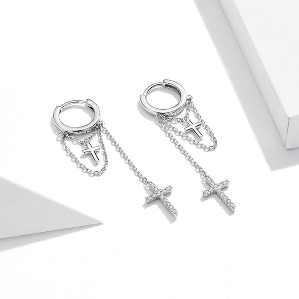 S925 Sterling Silver Long Tassel Shining Cross Women Earrings