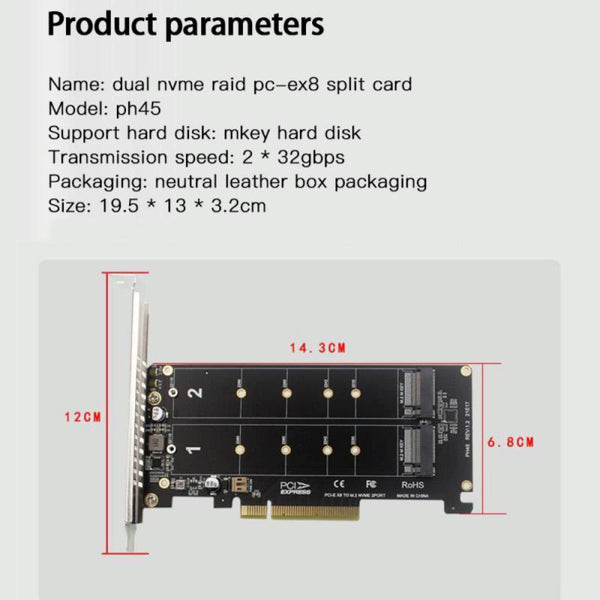 PCI-E X8 Double Disk Transfer Card NVME M.2 MKEY SSD RAID Array Expansion Adapter(PH45)